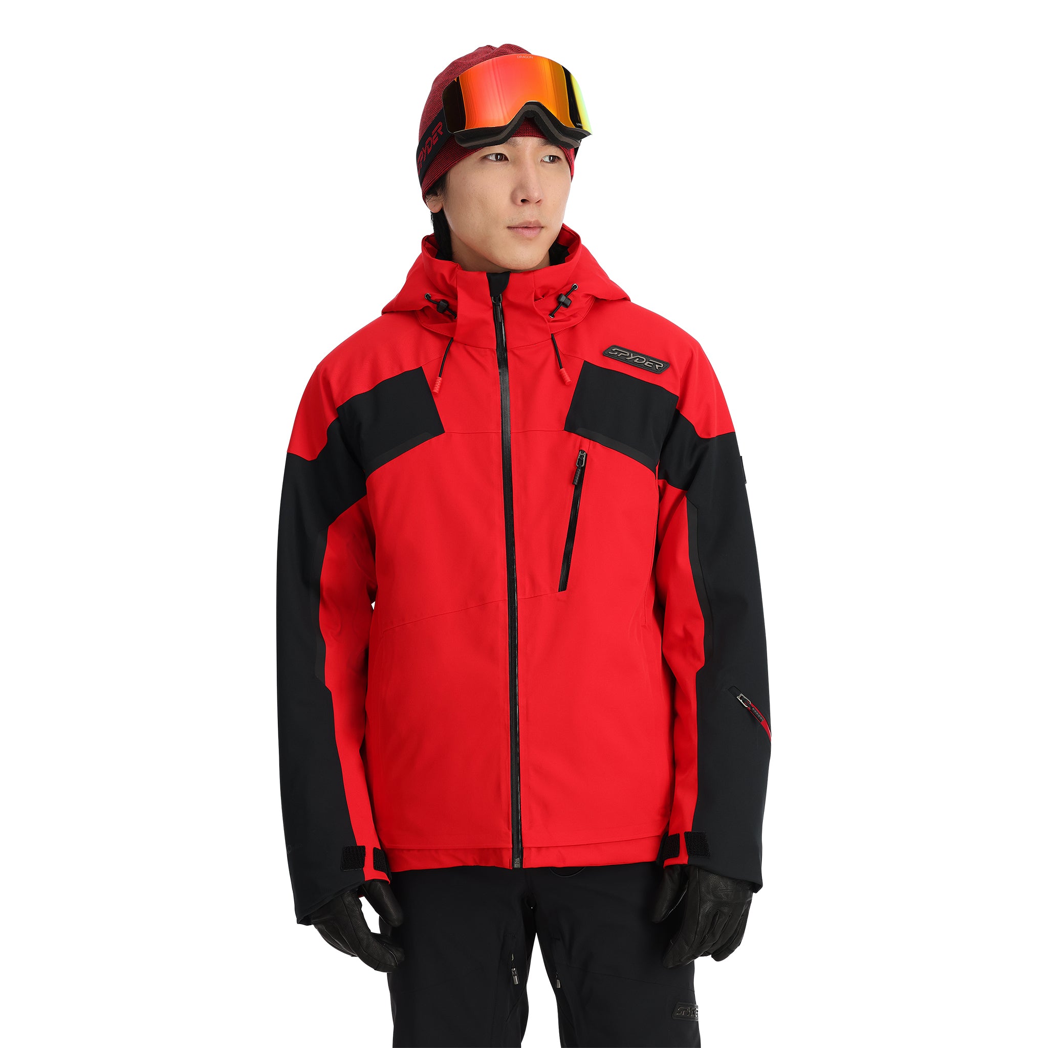 Spyder Leader Insulated Jacket - A red jacket with black accents, featuring a hood and two zippered pockets on the front.