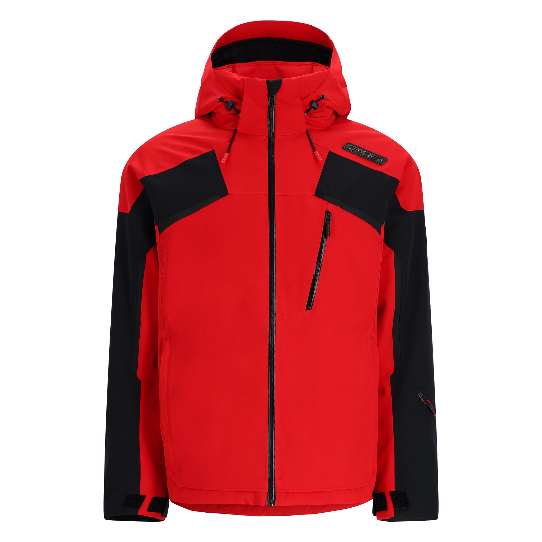 Spyder Leader Insulated Jacket 2025 - A red jacket with black accents and a hood, featuring two zippered pockets on the front.