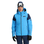 Spyder Pinnacle Insulated Jacket 2025 - A light blue jacket with navy shoulder accents and a black zipper.