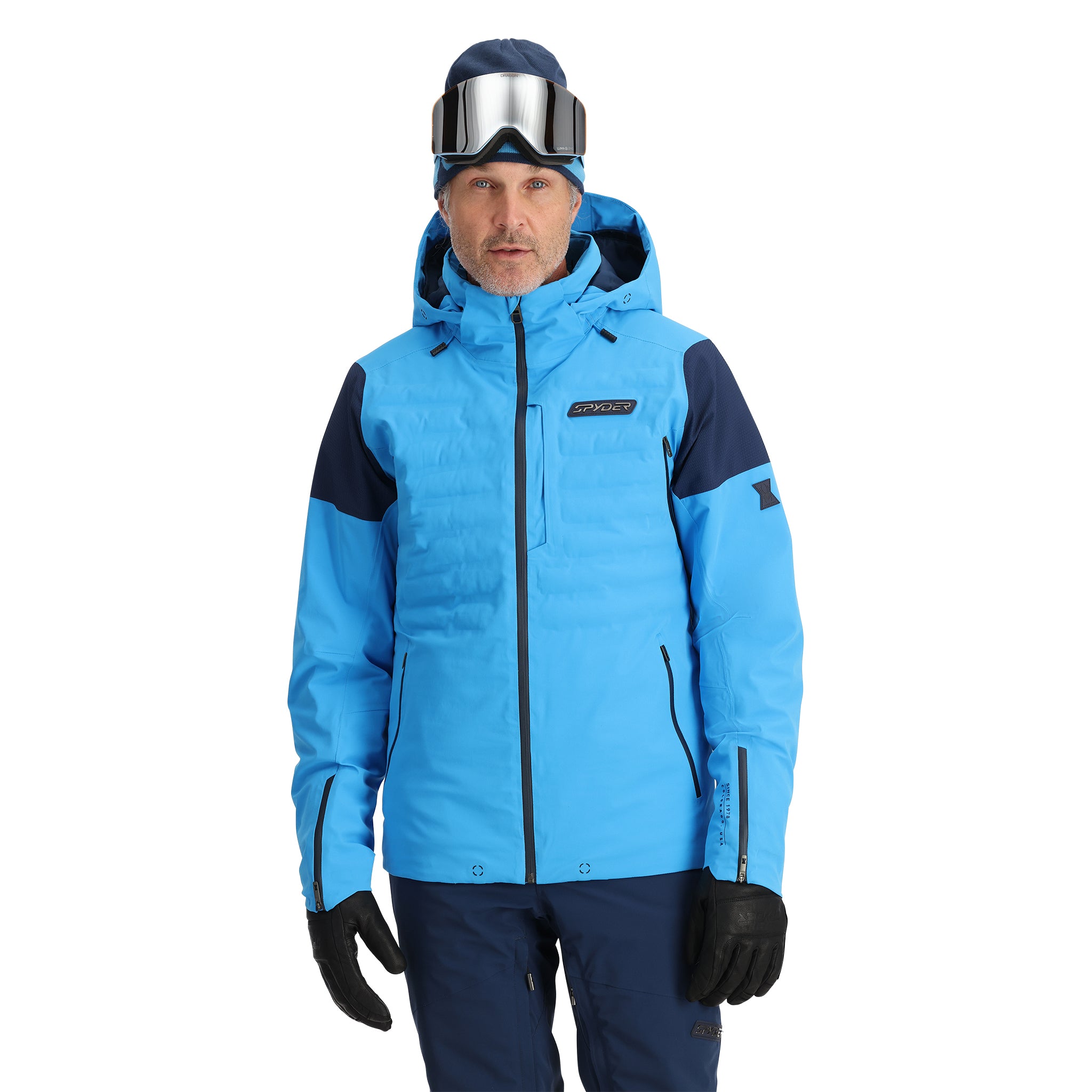 Spyder Pinnacle Insulated Jacket 2025 - A light blue jacket with navy shoulder accents and a black zipper.