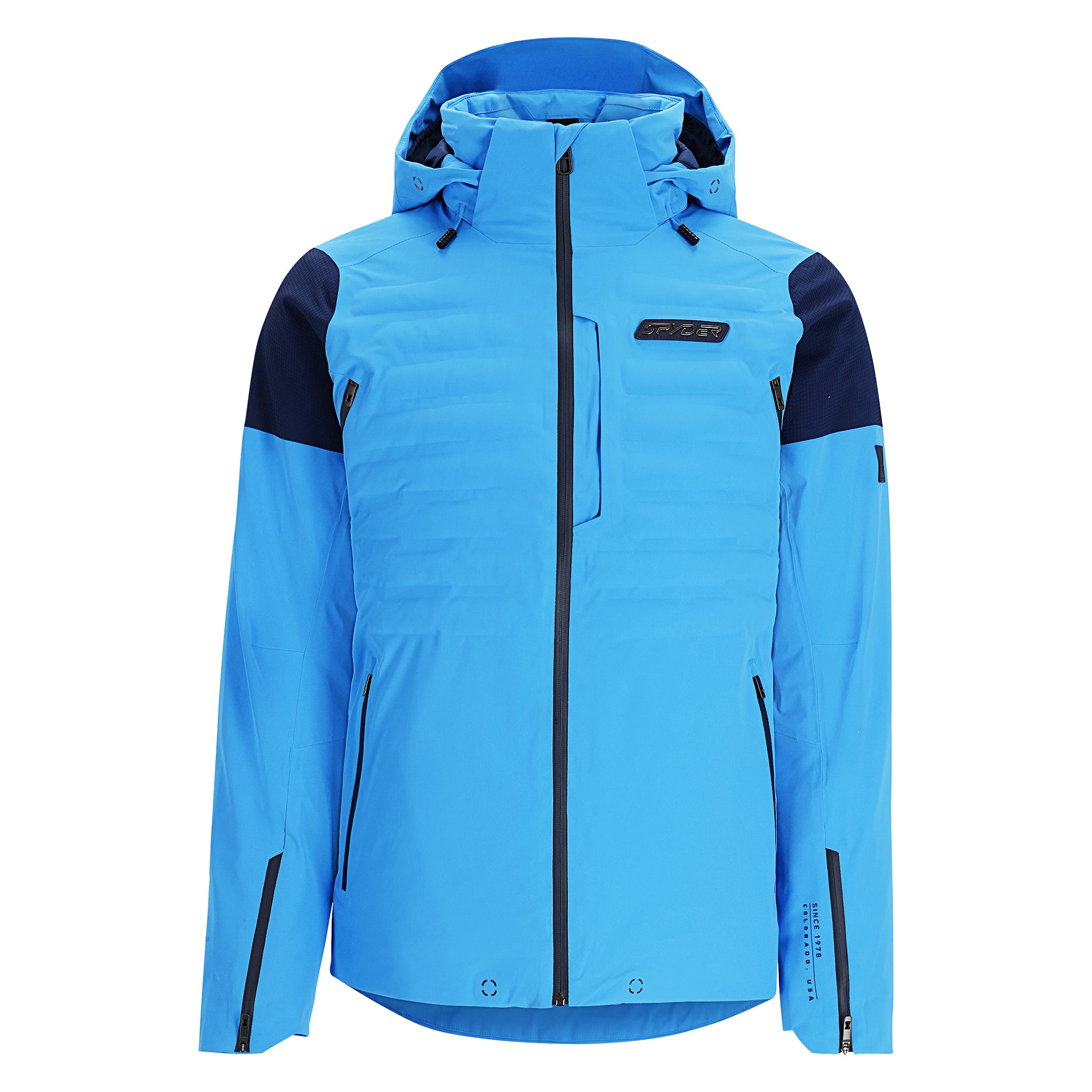 Spyder Pinnacle Insulated Jacket 2025 - A light blue jacket with a black zipper and two zippered pockets on either side.