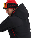 Spyder Pinnacle Insulated Jacket - A black jacket with a red zipper and logo on the left chest, featuring a hood and zippered pockets.