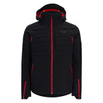 Spyder Pinnacle Insulated Jacket 2025 - A black jacket with red accents and a hood, featuring a zippered front and two side pockets.