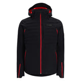 Spyder Pinnacle Insulated Jacket 2025 - A black jacket with red accents and a hood, featuring a zippered front and two side pockets.