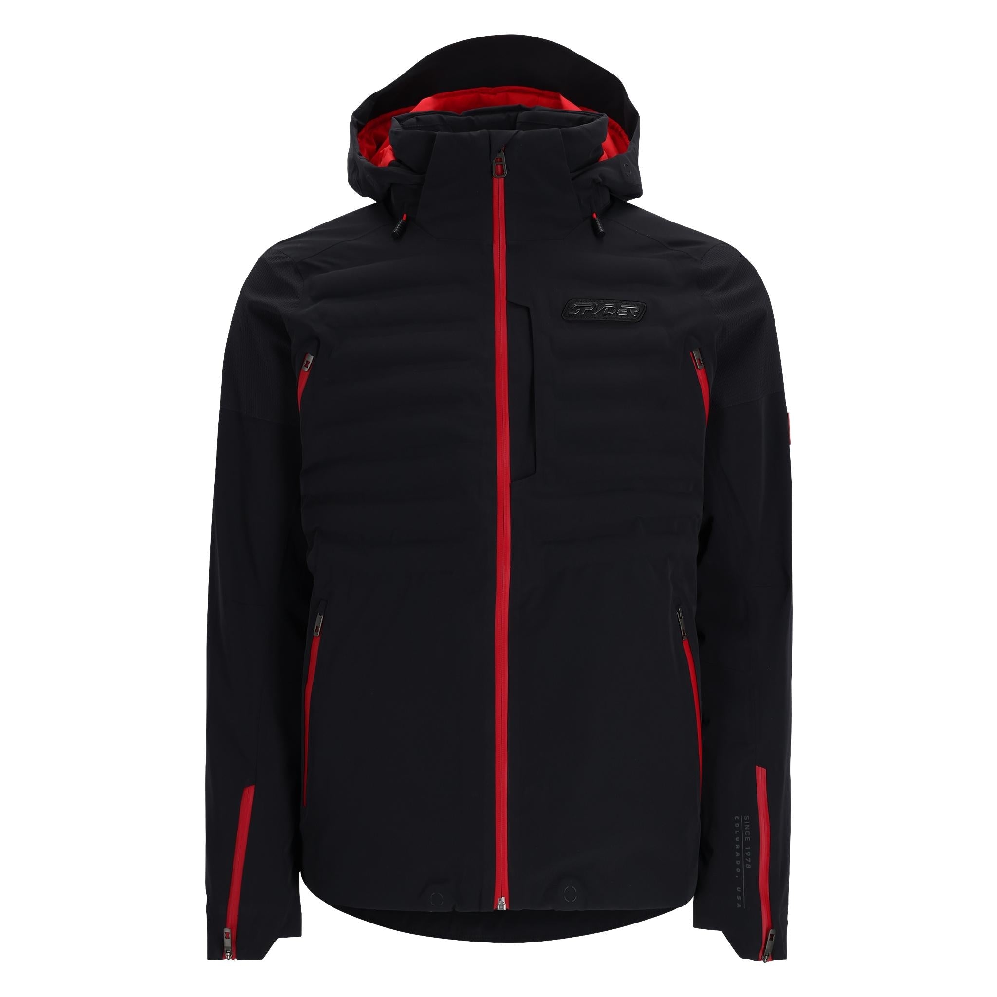 Spyder Pinnacle Insulated Jacket 2025 - A black jacket with red accents and a hood, featuring a zippered front and two side pockets.