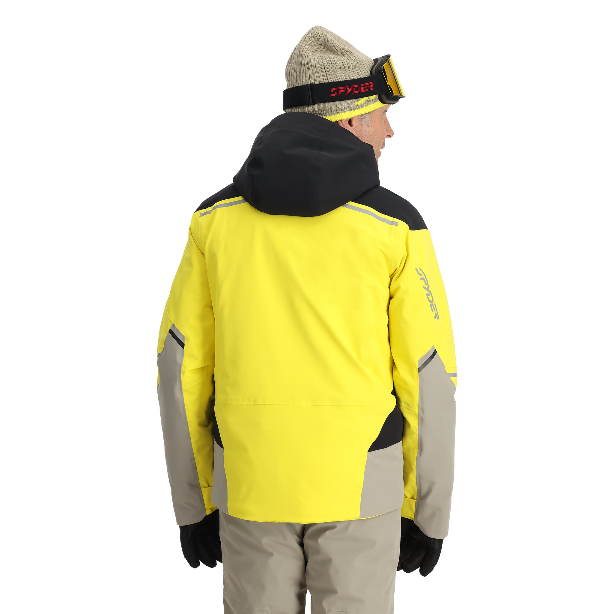 Spyder Men's Vanqysh Insulated Jacket - A bright yellow jacket with a black hood and gray accents on the shoulders, chest, and elbows.