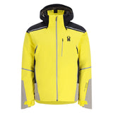 Spyder Men's Vanqysh Insulated Jacket - A black and yellow ski jacket with a hood, featuring reflective strips on the shoulders and chest.