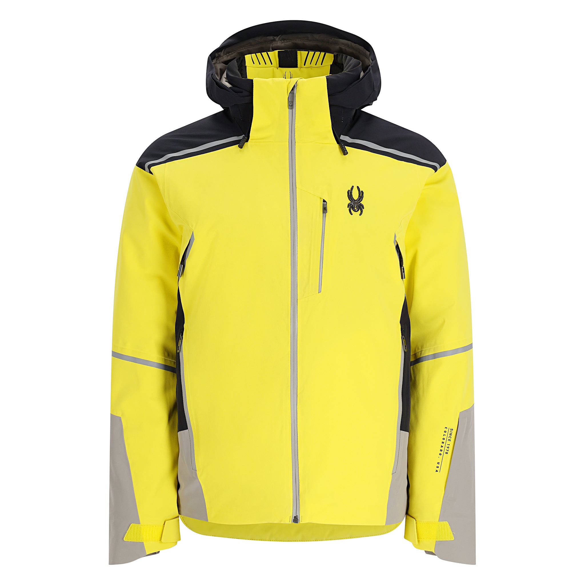 Spyder Men's Vanqysh Insulated Jacket - A black and yellow ski jacket with a hood, featuring reflective strips on the shoulders and chest.