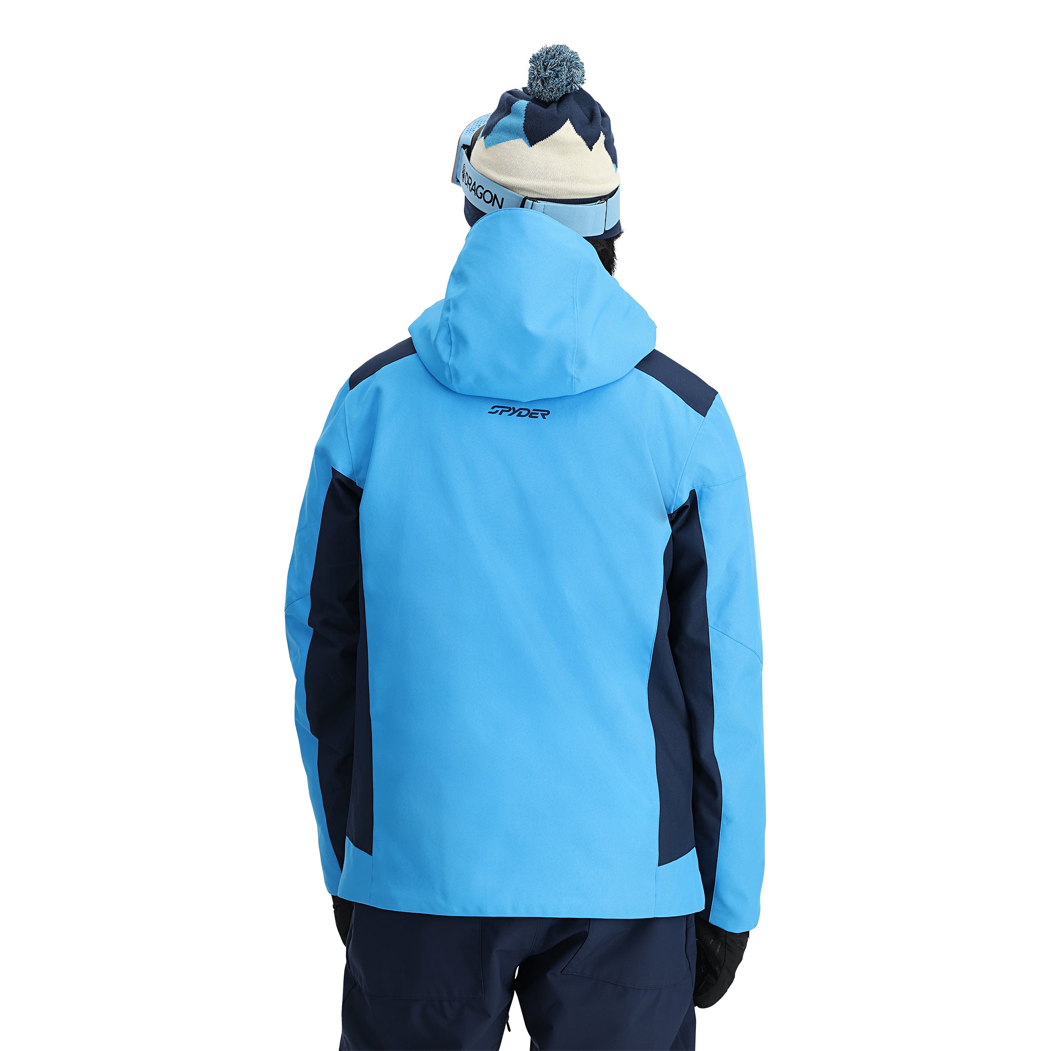 Spyder Primer Insulated Jacket 2025 - A light blue jacket with dark blue accents and a hood, featuring a zipper closure on the front.