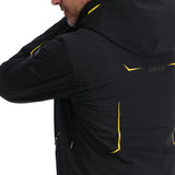 Spyder Monterosa Insulated Jacket - A black jacket with yellow accents on the shoulders and chest, featuring a zippered pocket on the left sleeve.
