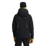Spyder Monterosa Insulated Jacket 2025 - A black jacket with yellow accents and a hood, featuring a zippered front and two side pockets.