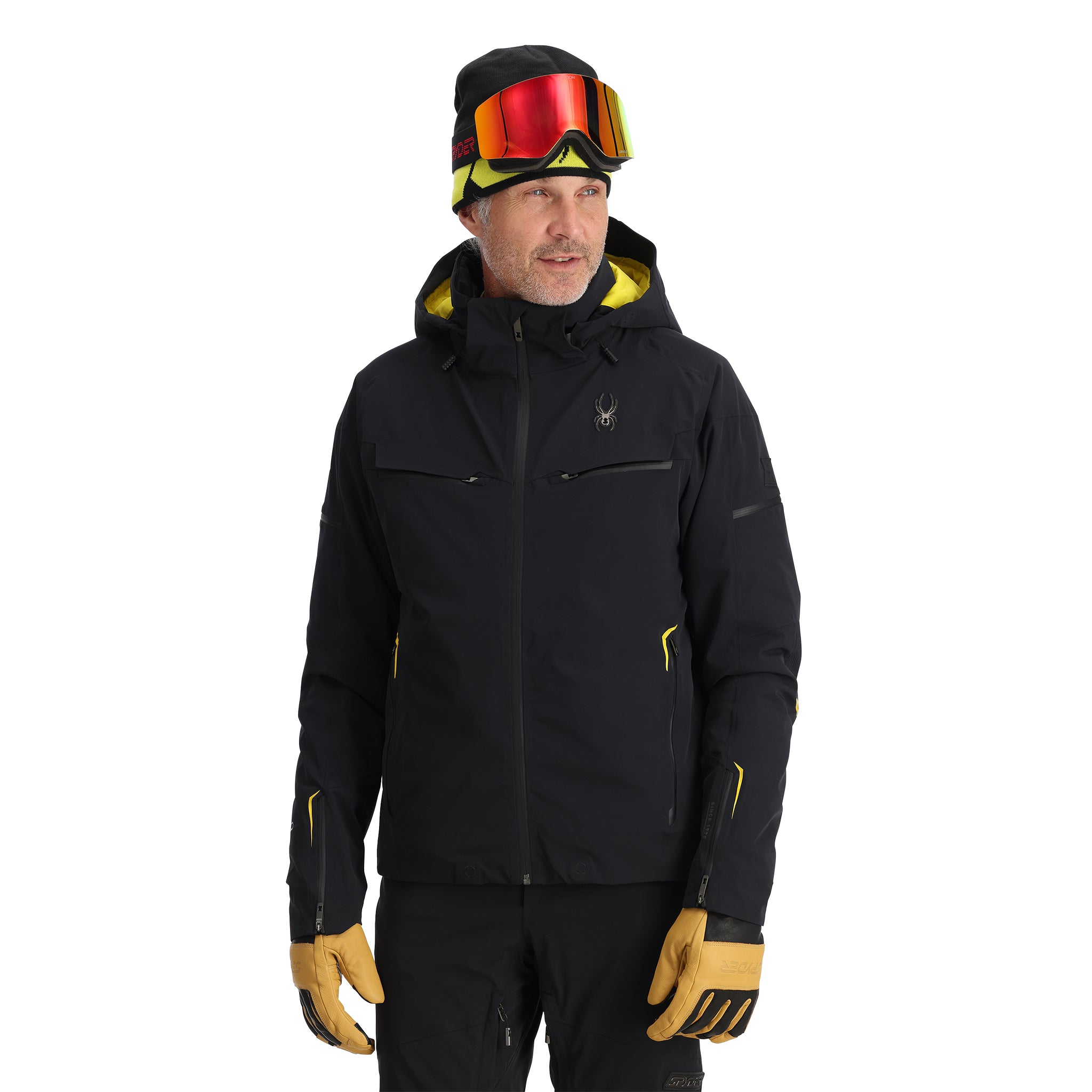 Spyder Monterosa Insulated Jacket 2025 - A black jacket with a yellow zipper and two zippered pockets on either side of the waist.