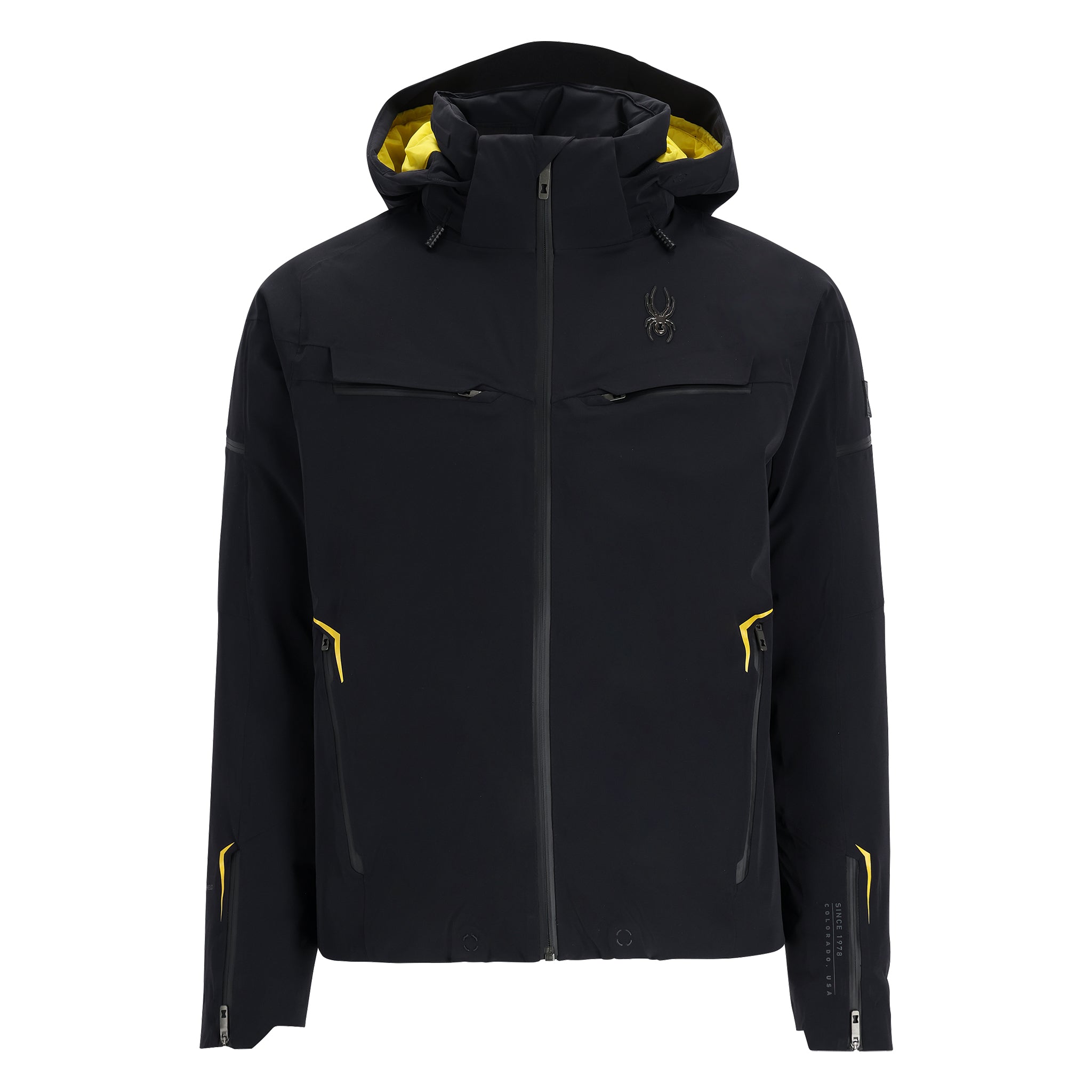 Spyder Monterosa Insulated Jacket 2025 - A black jacket with a yellow zipper and a small logo on the left chest.