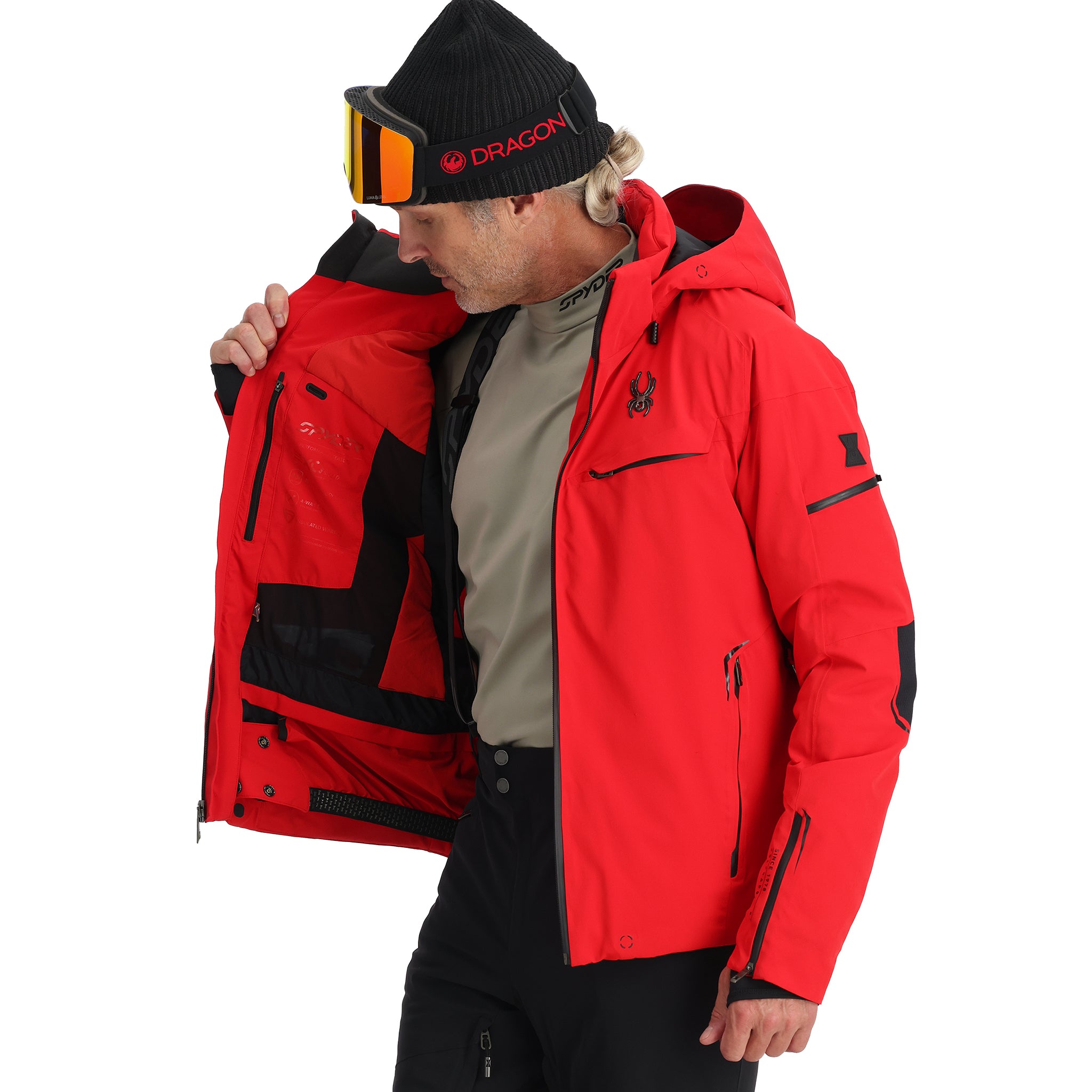 Spyder Monterosa Insulated Jacket 2025 - A red insulated jacket with black accents and a black zipper on the chest pocket.