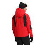 Spyder Monterosa Insulated Jacket 2025 - A red ski jacket with black accents and a hood, featuring a zippered chest pocket on the right side.