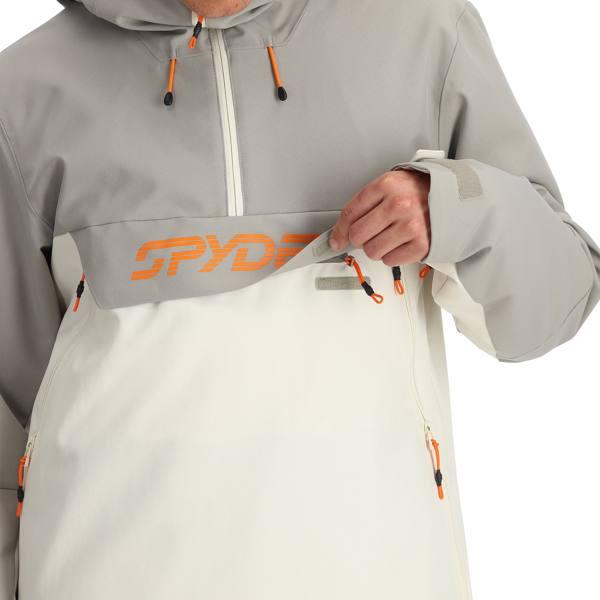 Spyder Men's All Out Insulated Anorak Jacket 2025 - A grey and black jacket with a hood, featuring orange accents on the zipper and drawstrings.