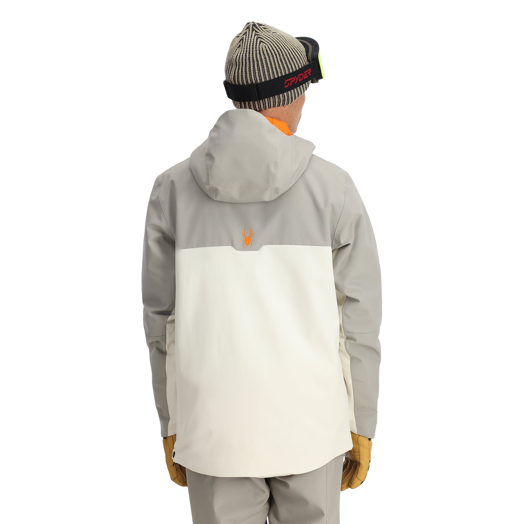 Spyder Men's All Out Insulated Anorak Jacket 2025 - A black and grey jacket with a hood, featuring a zippered front and two pockets on either side.