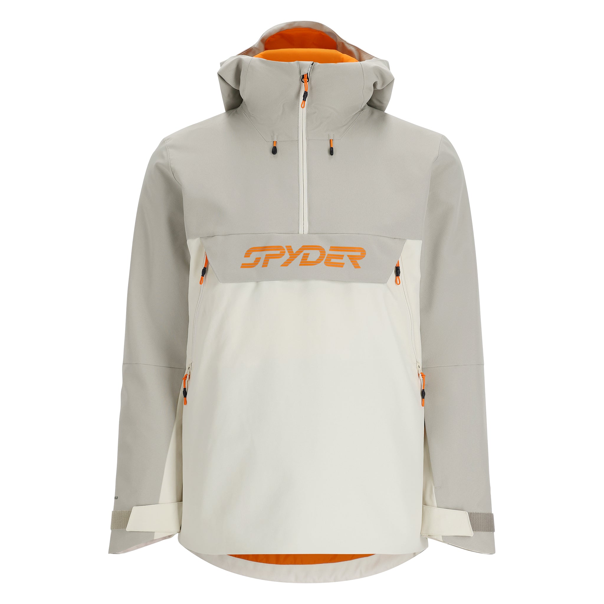 Spyder Men's All Out Insulated Anorak Jacket 2025 - A grey and black jacket with a hood, featuring orange accents on the zipper and logo.