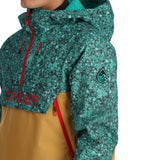 Spyder Men's All Out Insulated Anorak Jacket 2025 - A green and black jacket with a leaf pattern, featuring red zippers and a hood.