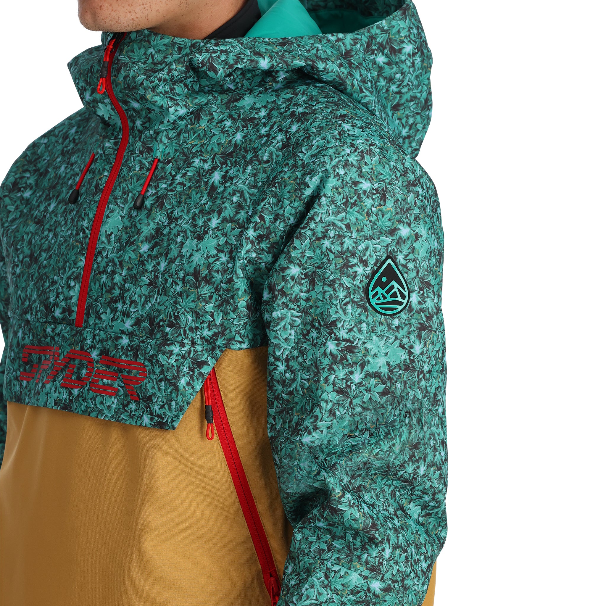 Spyder Men's All Out Insulated Anorak Jacket 2025 - A green and black jacket with a leaf pattern, featuring red zippers and a hood.