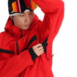 Spyder Copper Insulated Jacket - A red jacket with black accents, featuring a copper-colored zipper and a hood.