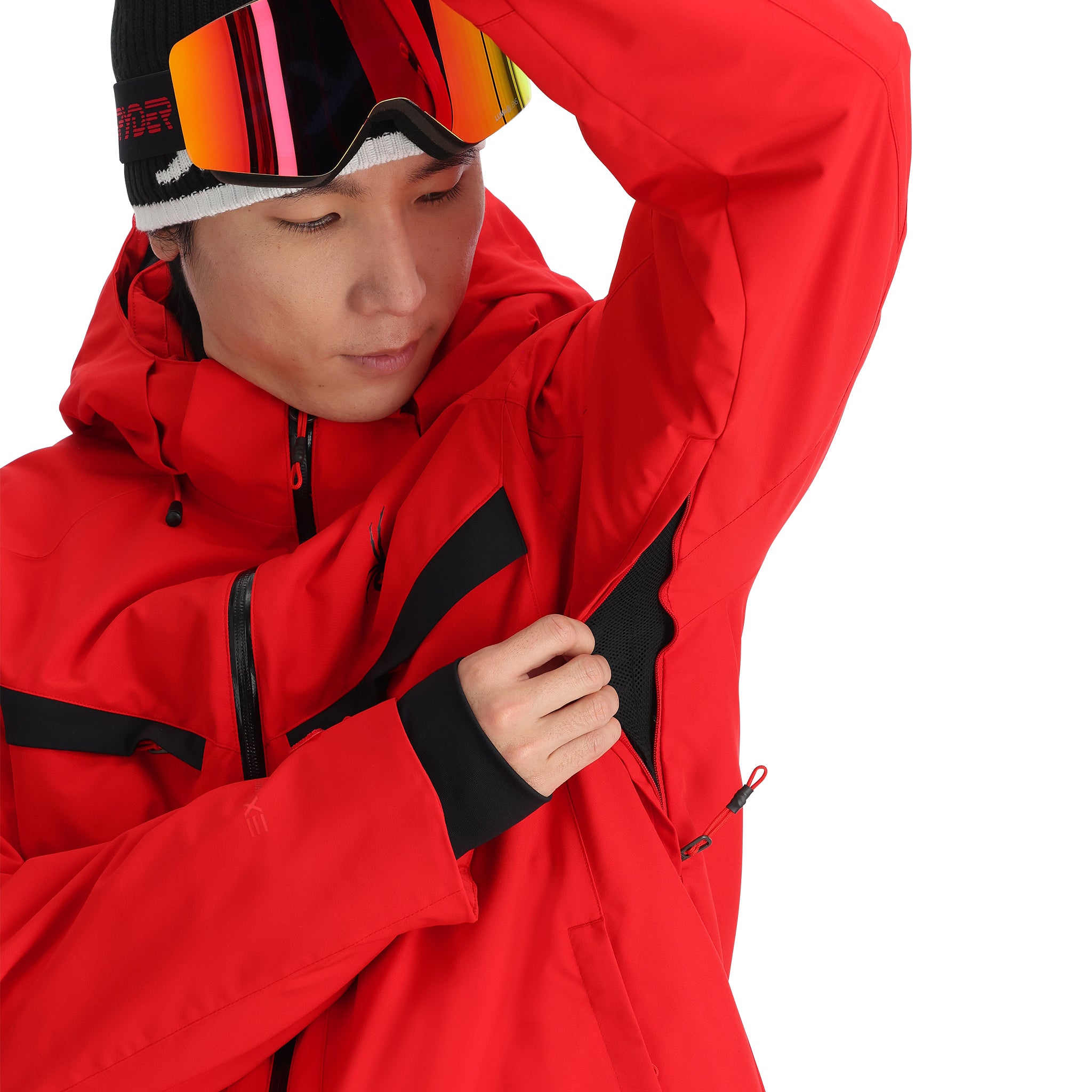 Spyder Copper Insulated Jacket - A red jacket with black accents, featuring a copper-colored zipper and a hood.