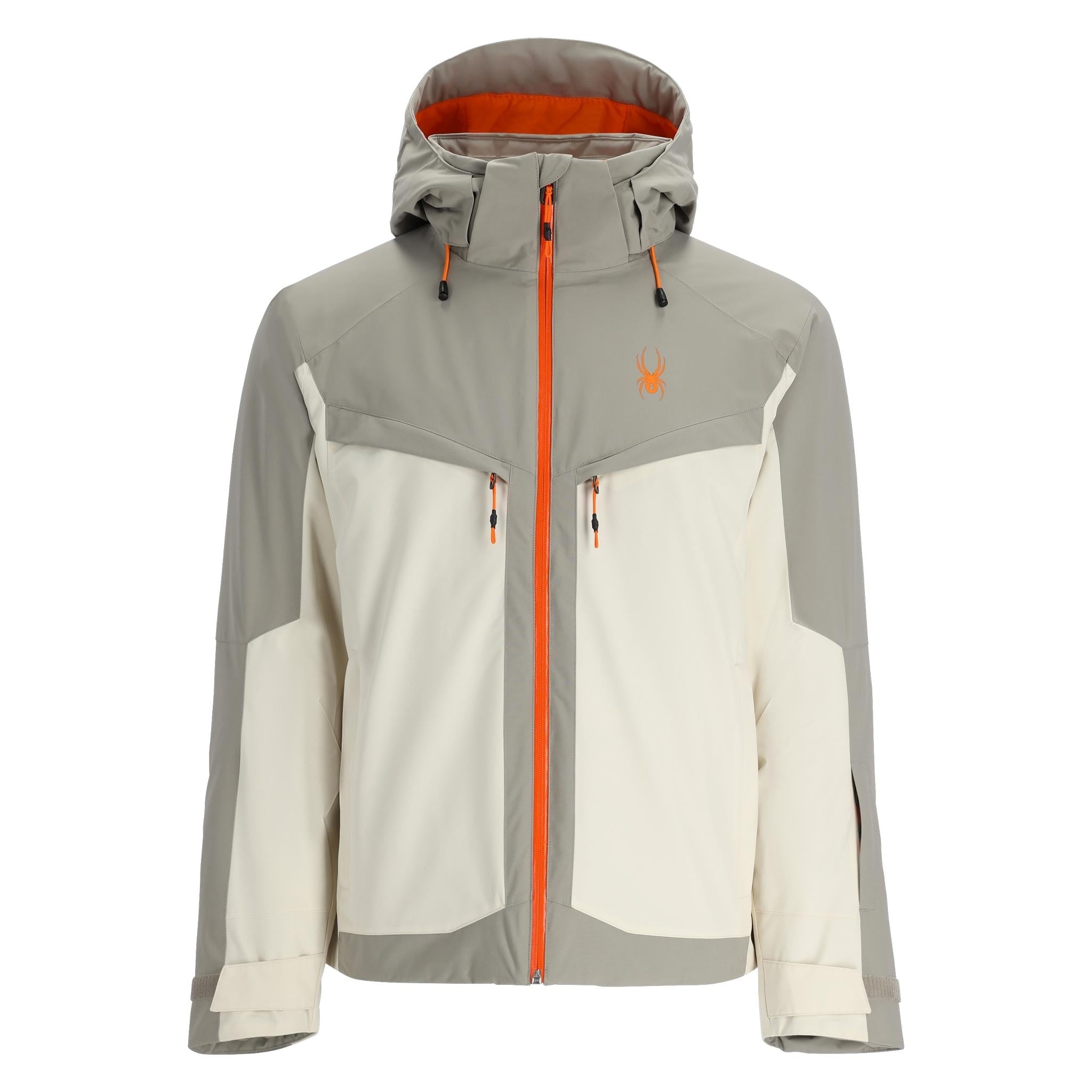 Spyder Copper Insulated Jacket 2025 - A grey jacket with a copper-colored zipper and logo on the left chest, featuring an orange lining visible inside the hood.