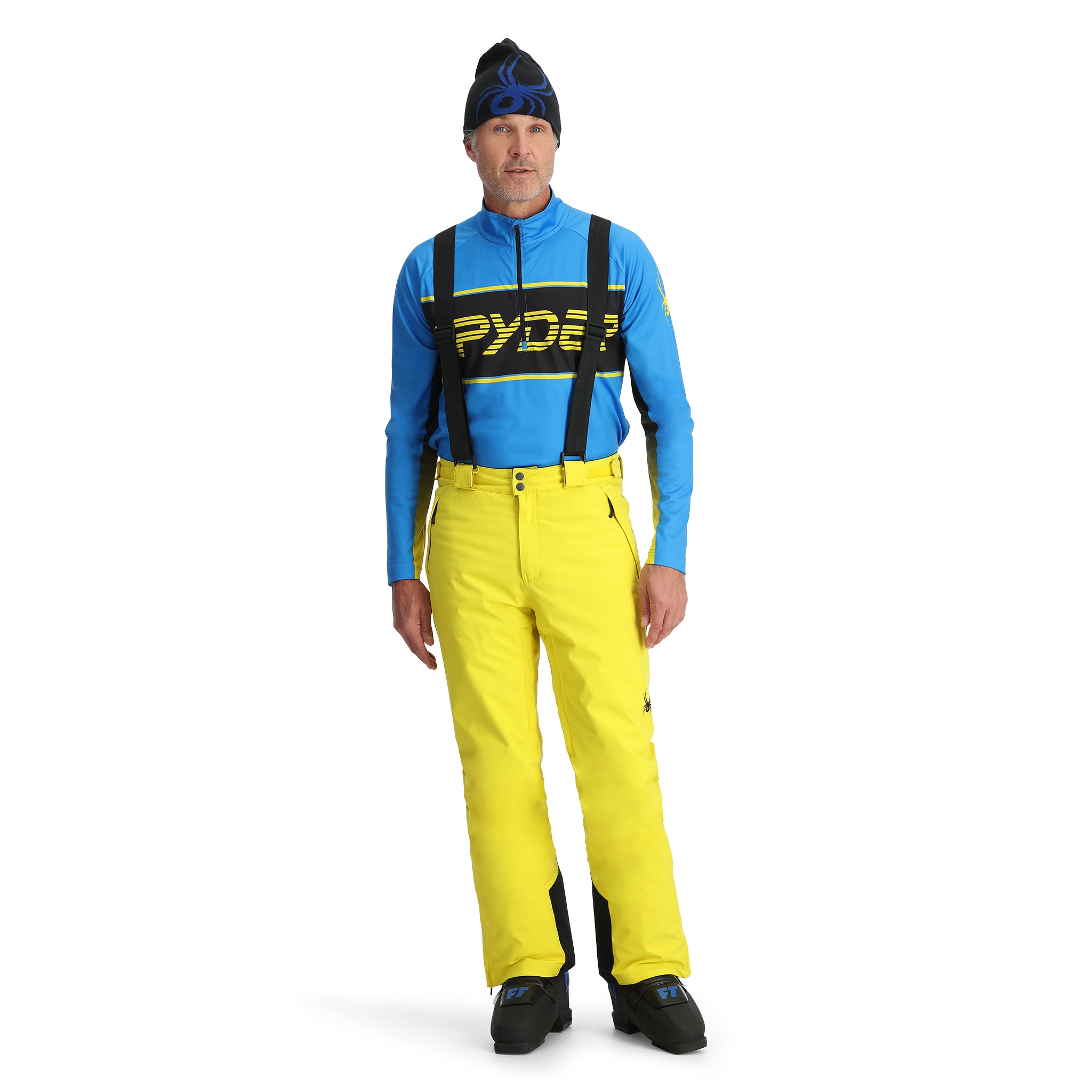 Spyder Men's Boundary Insulated Pants - Black pants with yellow accents and a black zipper on the left leg.