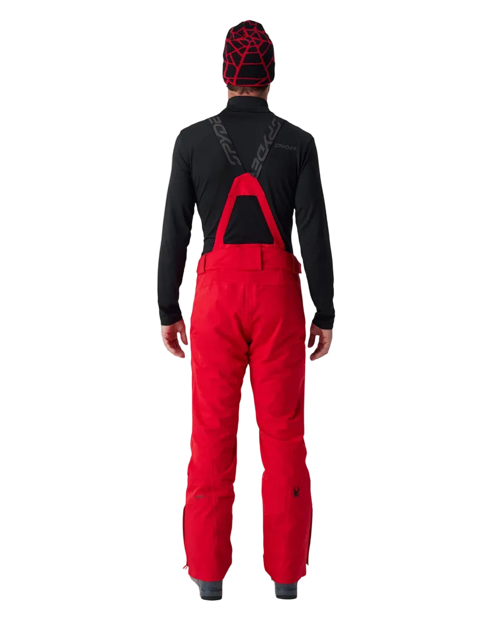 Insulated ski pants, black upper and red lower with zip hem panels