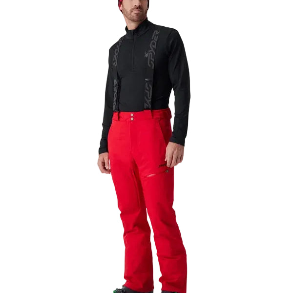 Red insulated short ski pants with suspenders, front zip and ankle cuffs