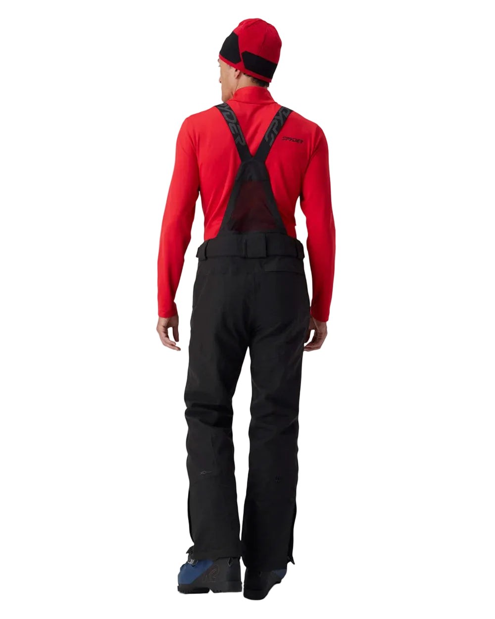 Insulated ski pants, black with tall fit, worn with red jacket and suspenders