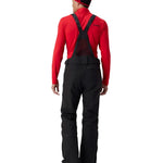 Insulated ski pants, black with tall fit, worn with red jacket and suspenders