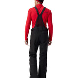 Insulated ski pants, black with tall fit, worn with red jacket and suspenders