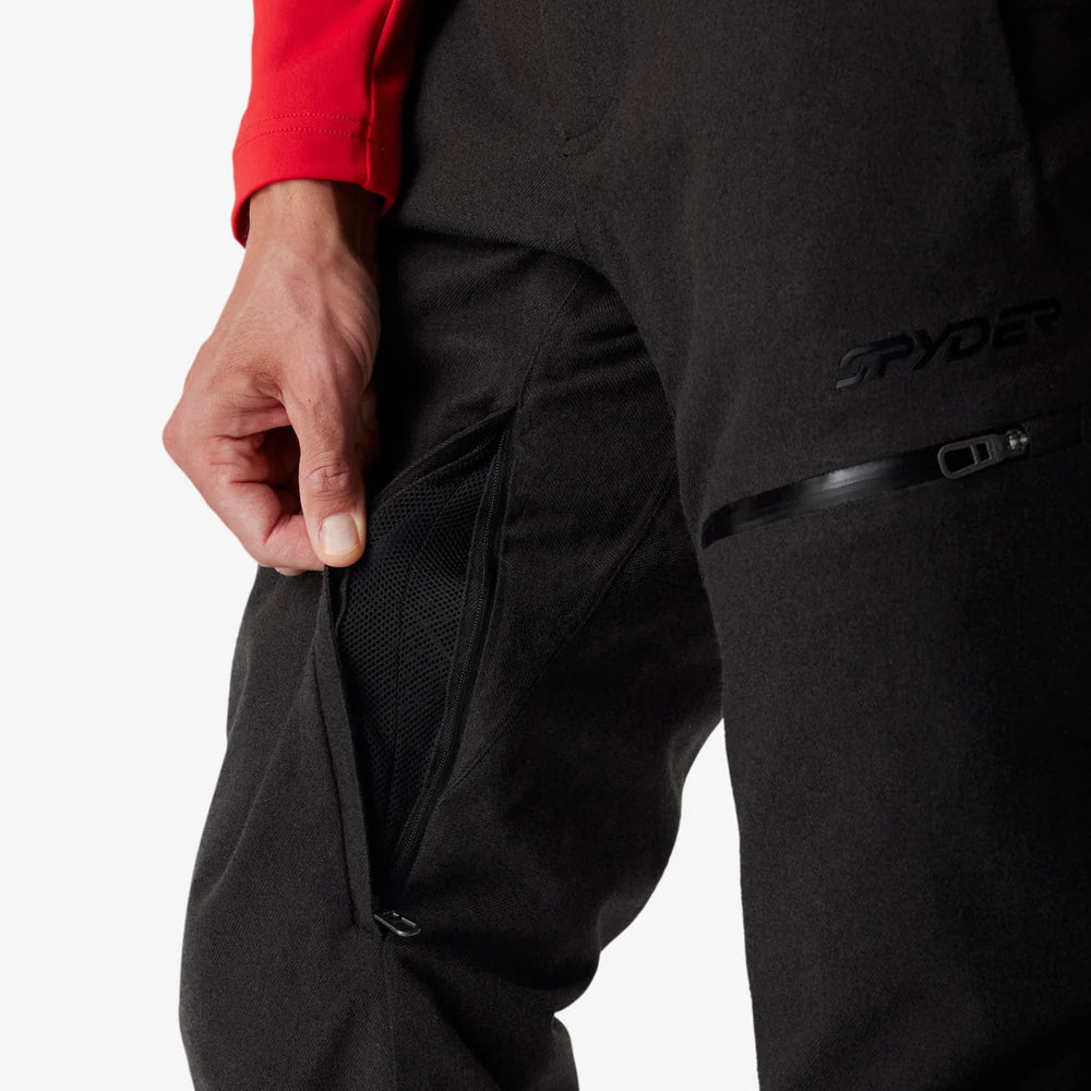 Insulated ski pants with black mesh pocket and side zip opening