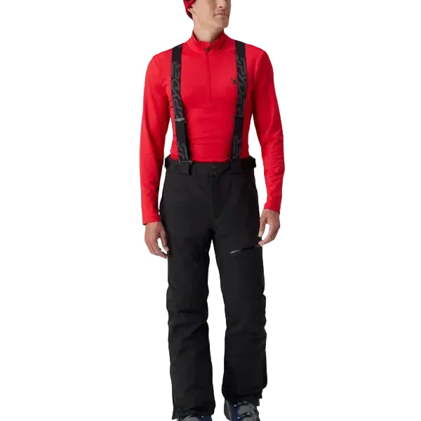 Insulated ski pants with black bib-style suspenders and tall-leg coverage