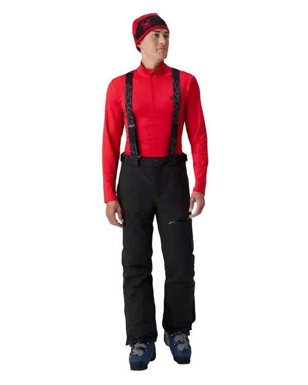 Insulated ski pants with black bib-style suspenders and tall-leg coverage