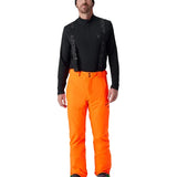 Insulated ski pants in vivid orange with front pockets and black ankle boot cuffs
