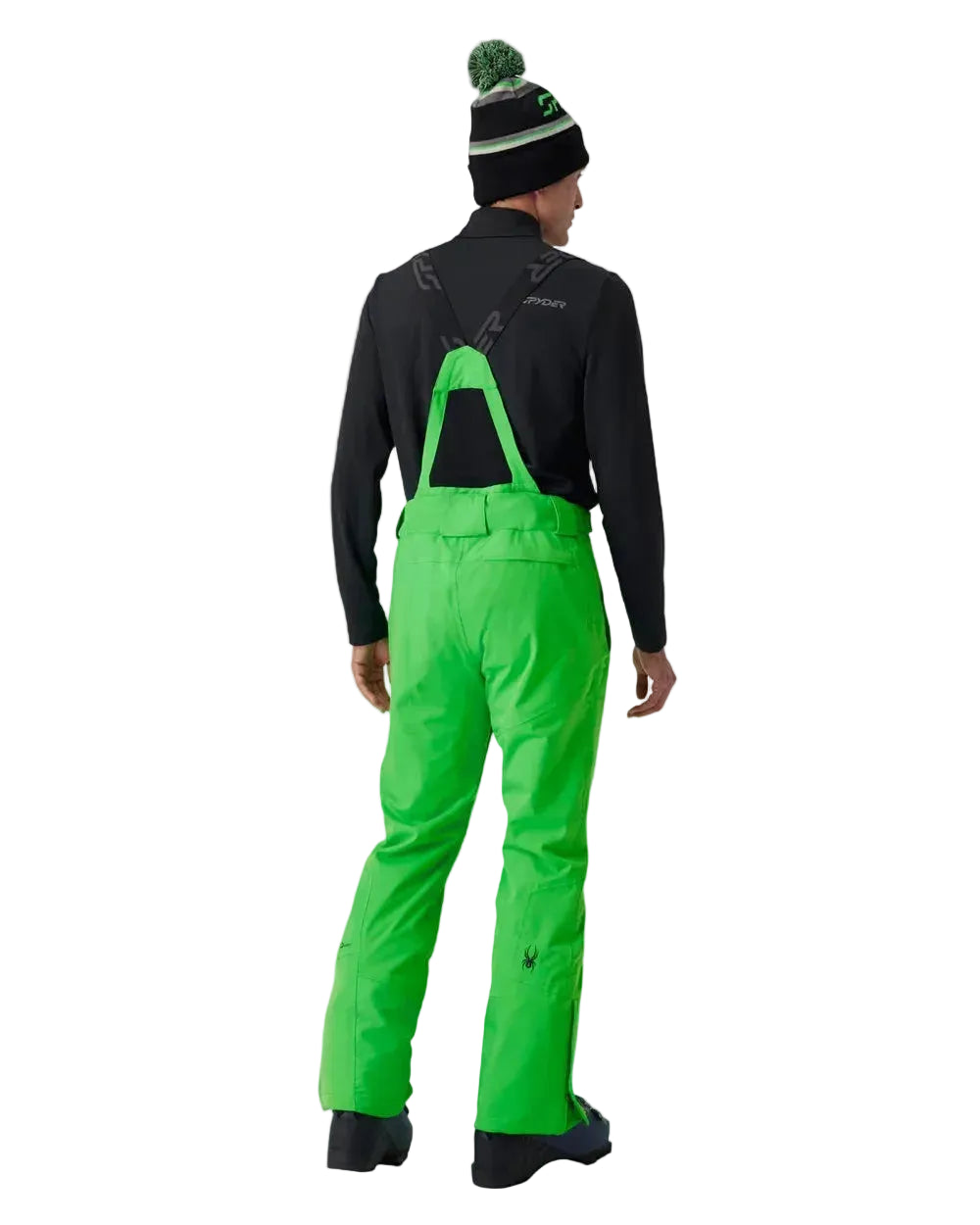 Insulated ski pants in bright green, back view with black waistband accents
