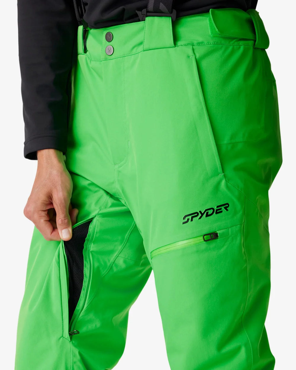 Green insulated ski pants with belt loops, snap closure, and side pocket