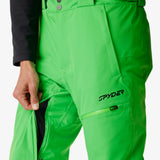 Green insulated ski pants with belt loops, snap closure, and side pocket