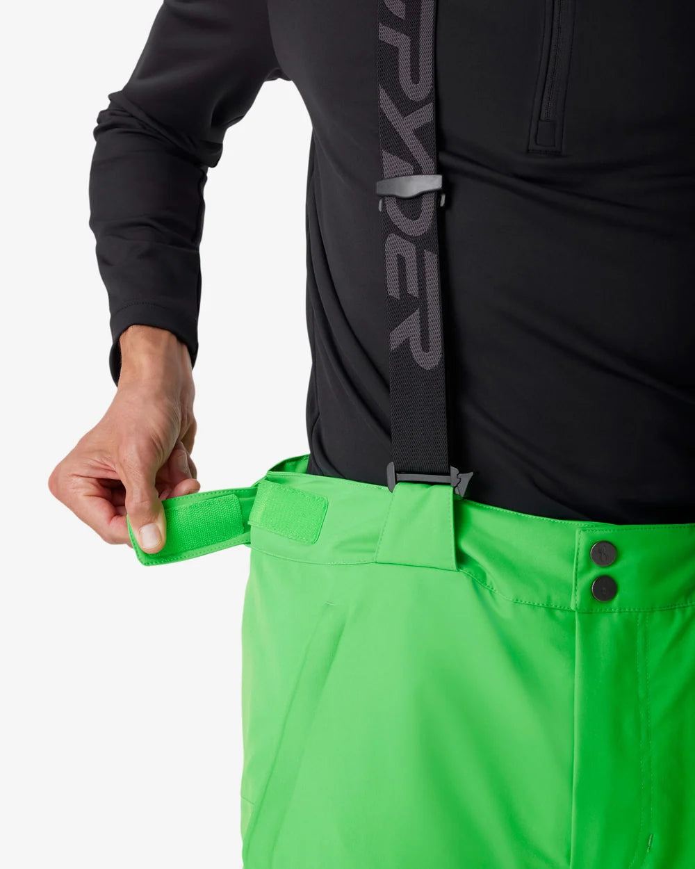 Green insulated ski pants with adjustable strap and side pocket zipper