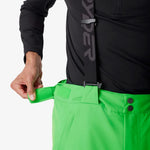 Green insulated ski pants with adjustable strap and side pocket zipper