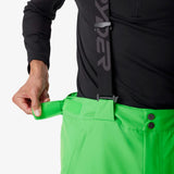 Green insulated ski pants with adjustable strap and side pocket zipper