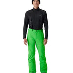 Insulated ski pants in bright green with black ankle cuffs and front pockets