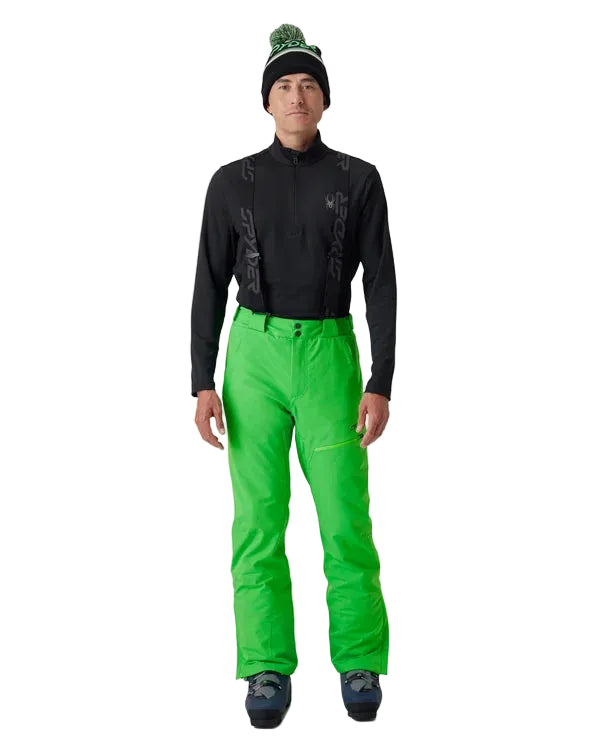 Insulated ski pants in bright green with black ankle cuffs and front pockets