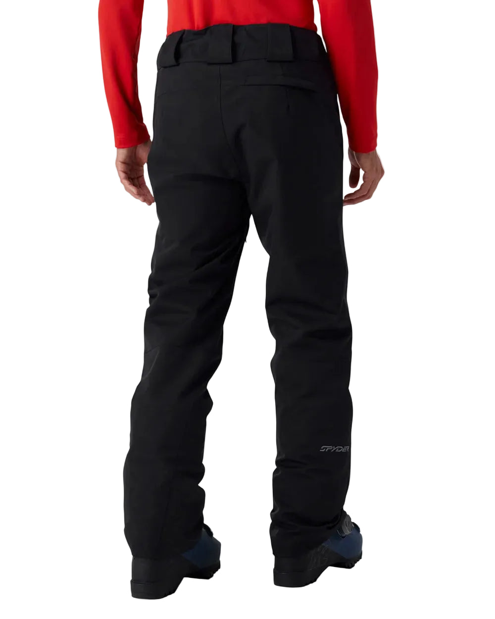 Black insulated ski pants with adjustable waistband and zip fly