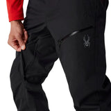Black insulated ski pants with cargo flap pocket and small thigh logo