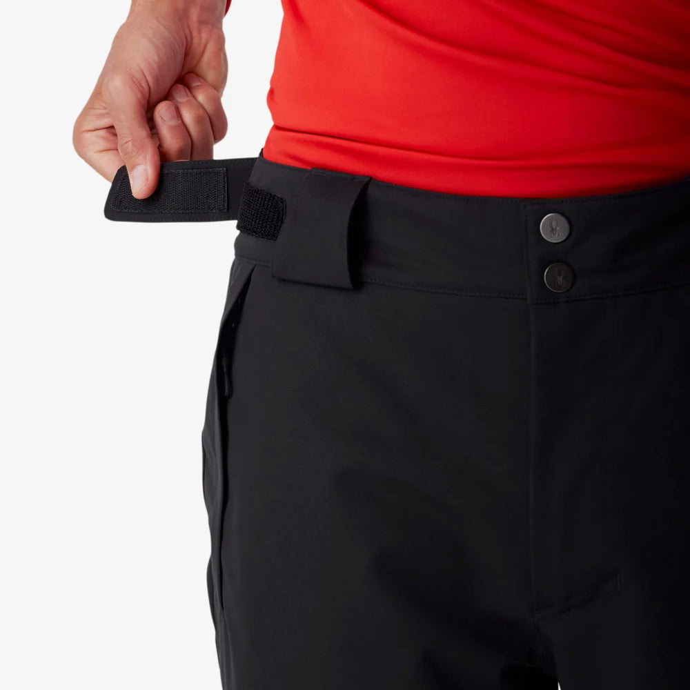 Black insulated ski pants with side button pocket and adjustable belt tab