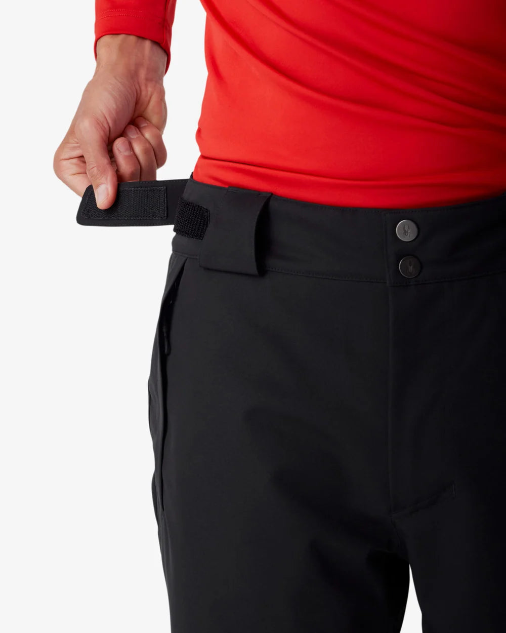 Black insulated ski pants with side button pocket and adjustable belt tab