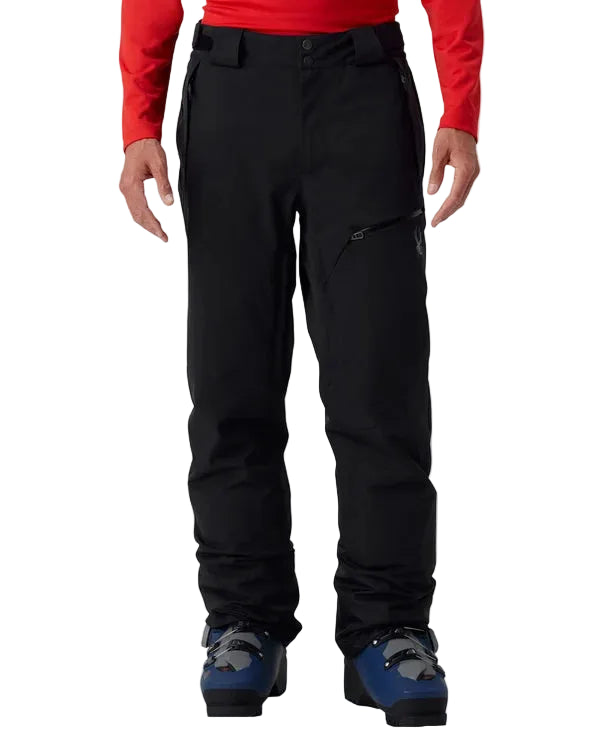 Black insulated ski pants with front pockets and belt loops, full length